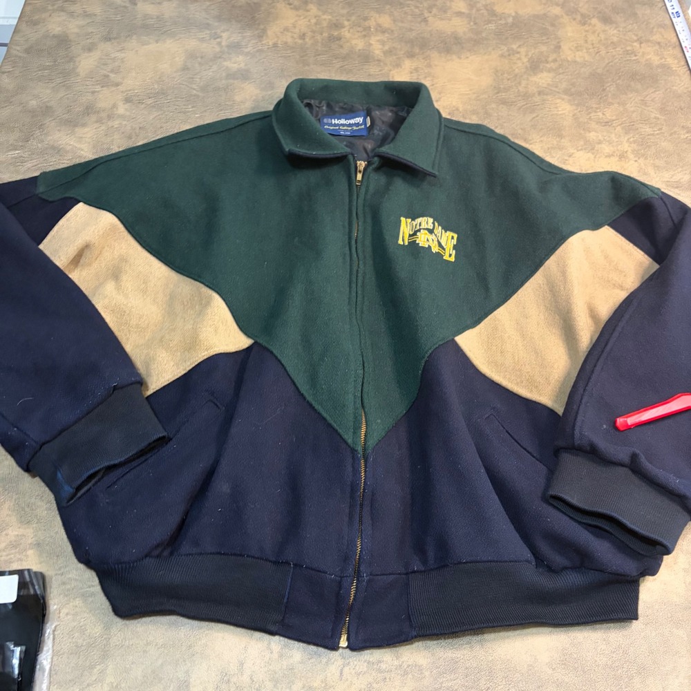 Holloway College Jacket Mens 5XL Green Navy Tan Notre Dame Wool Varsity Bomber